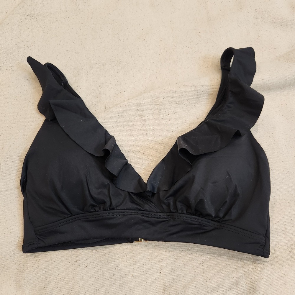 New Lauren Ralph Lauren Black Ruffle V-Neck Bikini Swim Top Size 8 Swimsuit
